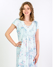 Miss Elaine (Size L ) Silkyknit Short Sleeve Long Nightgown in Blue Floral Spray