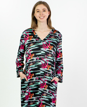 Wishing Pond "N" by Natori V-Neck Satin Long Caftan - sunset blossoms