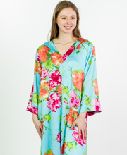 "N" by Natori V-Neck Satin Long Caftan - Aqua Blue Bouquet