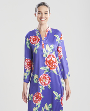 "N" by Natori Mandarin Neck Satin Long Caftan - Island Fleur