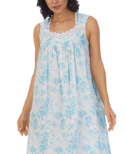 Eileen West (Size L & XL) Sleeveless Woven Cotton Ballet Nightgown in Aqua Floral