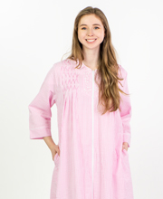 Miss Elaine Plus Seersucker Robe - Long Smocked Zip Front Long Sleeves in Pink Stripe