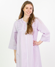 Miss Elaine Seersucker Robe - Long Smocked Zip Front Long Sleeves in Lilac Stripe