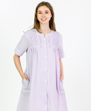 Plus Miss Elaine (Size 2X) Snap-Front Smocked Seersucker Short Robe in Lilac Stripe <span style="color: #ff0000;">click to see coupon code</span>