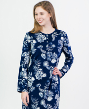 Calida Long Sleeve Cotton Knit Nightgown in Navy Star Flowers