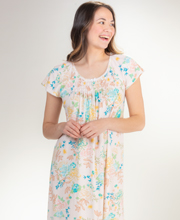 Miss Elaine Flutter Sleeve Cotton-Rich Interlock Knit Short Nightgown in Vintage Blooms