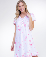 Aria Cotton Polyester Knit Short Sleeve Short Nightgown in Pink Dahlia Bouquet
