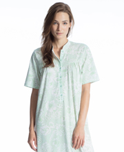 Calida Cotton Knit Button Front Short Sleeve Gown - Green Lily