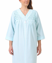 Miss Elaine (Size S) Seersucker Long Zip Robe - Smocked in Aqua White Check