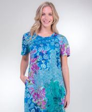 La Cera Dresses - Cotton Knit A-Line Blue Dress in Seaside Garden