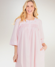 Plus Miss Elaine Long Seersucker Smocked Zip Robe in Pink