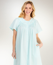 Plus Size Miss Elaine Short Snap-Front Smocked Seersucker Robe in Turquoise