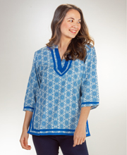 Woven Cotton (Size Med.) Top 2/3 Sleeve La Cera Tunic - Merry Blue