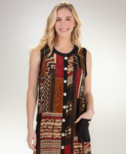 Button-Front (Size S) Lightweight Rayon Sleeveless Long Beach Dress in Tribal Art