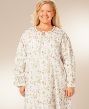Plus Size 1X La Cera Cotton Robe/Button-Front Nightgown - Blooming Vines