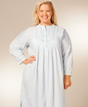 *Use Coupon Code 12-OFF* Plus (1X) La Cera Cotton Nightgown - Long Sleeve Pintucking Delight - Blue