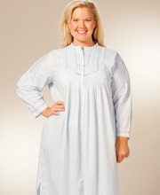 Plus (1X) La Cera Cotton Nightgown - Long Sleeve Pintucking Delight - Blue