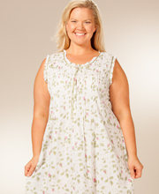 Plus Size La Cera Sleepwear (Size 1X) - Sleeveless Cotton Nightgown  - Blooming Vines