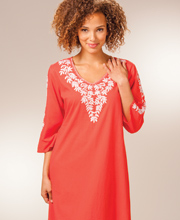 Embroidered Medium Woven Cotton 2/3 Sleeve Caftan by La Cera - Coral Sunset