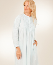 La Cera Cotton Nightgowns - Long Sleeve (Size Small) in Pintucking Delight - Blue