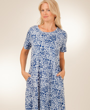 Last Ones Special La Cera (Size Small) Cotton Knit A-Line Dress - Blue Floral on White