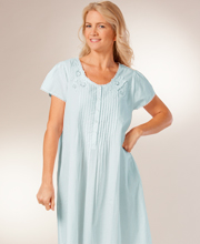 La Cera (Size Small) Cotton Nightgown - Short Sleeve Lace-Trim Gown in Blue