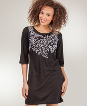 SC SALE Short Sleeve Dress - Embroidered Boat Neck Tunic Tops - Ebony Sprigs