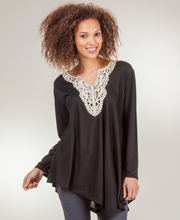 Tunics - Long Sleeve Crocheted Neckline Knitted Top - Raven