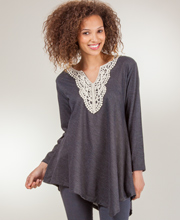Tunic Tops for Women - Long Sleeve L/XL Crocheted Neckline Knit Top - Slate