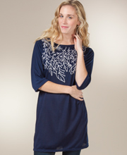 Tunics - Embroidered (Size S/M) Boat Neck Knit Long Top - Sapphire Sprigs