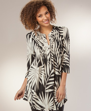 La Cera (Small) Pleated 3/4 Sleeve Poly Blend Tunic Top - Palm Shade