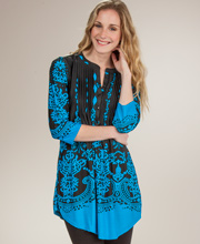 La Cera Pleated 3/4 Sleeve Poly Blend Tunic Top - Ethereal Turquoise
