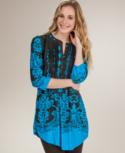 SC SALE La Cera (Size Small) Pleated 3/4 Sleeve Poly Blend Tunic Top - Ethereal Turquoise