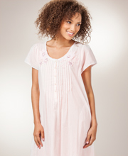 Cotton Nightgowns - La Cera (Small & XL) Short Sleeve Lace-Trim Gown in Pink