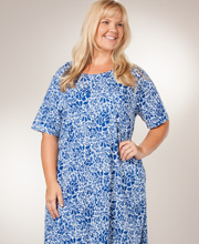 SC SALE  - Plus La Cera (Size 2X) "Easy Fit" Knit A-Line Dress - Blue Floral on White