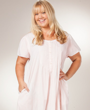 Plus (1X) La Cera Nightgowns - Cotton Short Sleeve Lace-Trim Gown in Pink