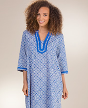 Woven Cotton Caftan - 2/3 Sleeve (Small & Large) La Cera Lounger - Mandolin Blue