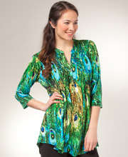 La Cera Tunics (Size M & XL) - Pleated 3/4 Sleeve Poly Blend Blouse - Peacock Pretty