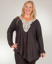 SC SALE Plus (1X) Tunic Tops - Long Sleeve Crocheted Neckline Women's Top - Raven