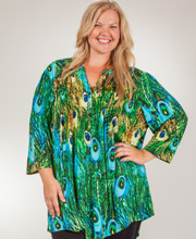 Plus La Cera (Size 3X) Tunics - Pleated 3/4 Sleeve Poly Blend Blouse - Peacock Pretty