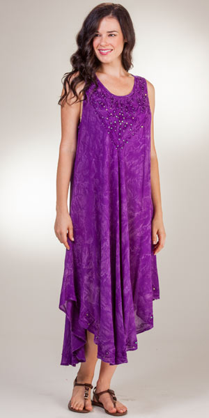 Serene Comfort Beach Dress Cotton One Size Sleeveless Long In Purple Batik