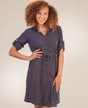 Gathered Shirt Dress - Claudia Richards Roll Sleeve in Navy Dots