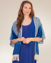 Short Sleeve 100% Rayon One Size Fringe Kimono Jackets - Braided Blue