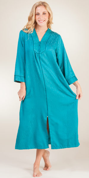Plus Miss Elaine Robes - Brushed Back Satin Zip Front Robes in Teal