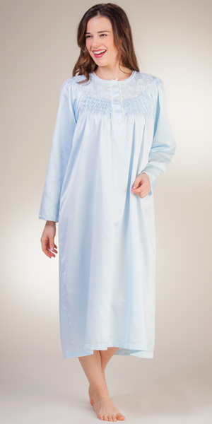 Brushed Back Satin Nightgowns - Miss Elaine Blue Long Night Gown
