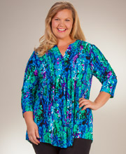 SC SALE Plus La Cera  (Size 3X) Tunic Tops - 3/4 Sleeve Poly Blend Pleated Top - Wishing Well