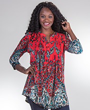 Plus La Cera Tops - Poly Blend 3/4 Sleeve Pleated Tunic in Paisley Parliament