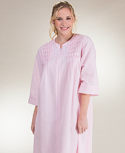 Miss Elaine Long Smocked Zip Front Seersucker Robes - in Pink
