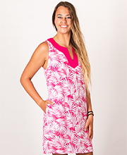 SC SALEdShort Beach Dress - Sleeveless Blue Water Rayon in Fuchsia Ferns