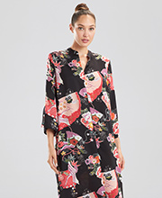 "N" by Natori (Size S) V-Neck Zip Front Satin Long Caftan - Crane Floret